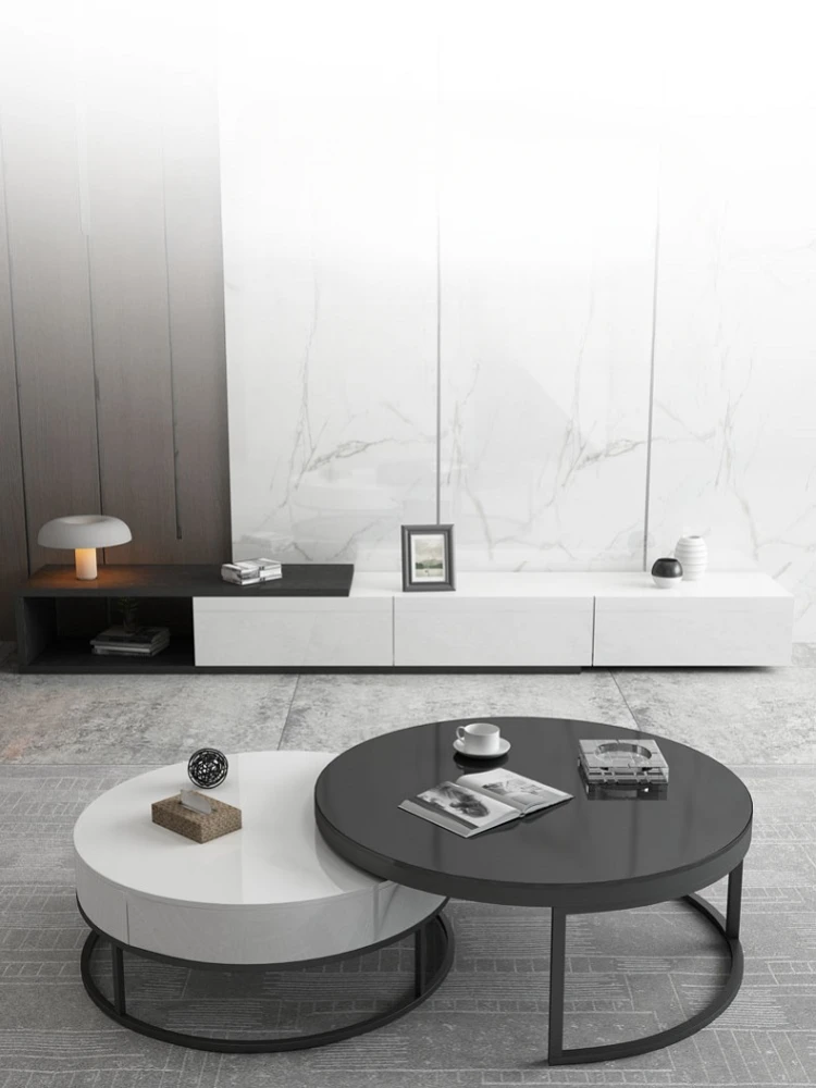 Italian minimalist baking paint living room, glass surface, coffee table, TV cabinet, combination of packaged furniture