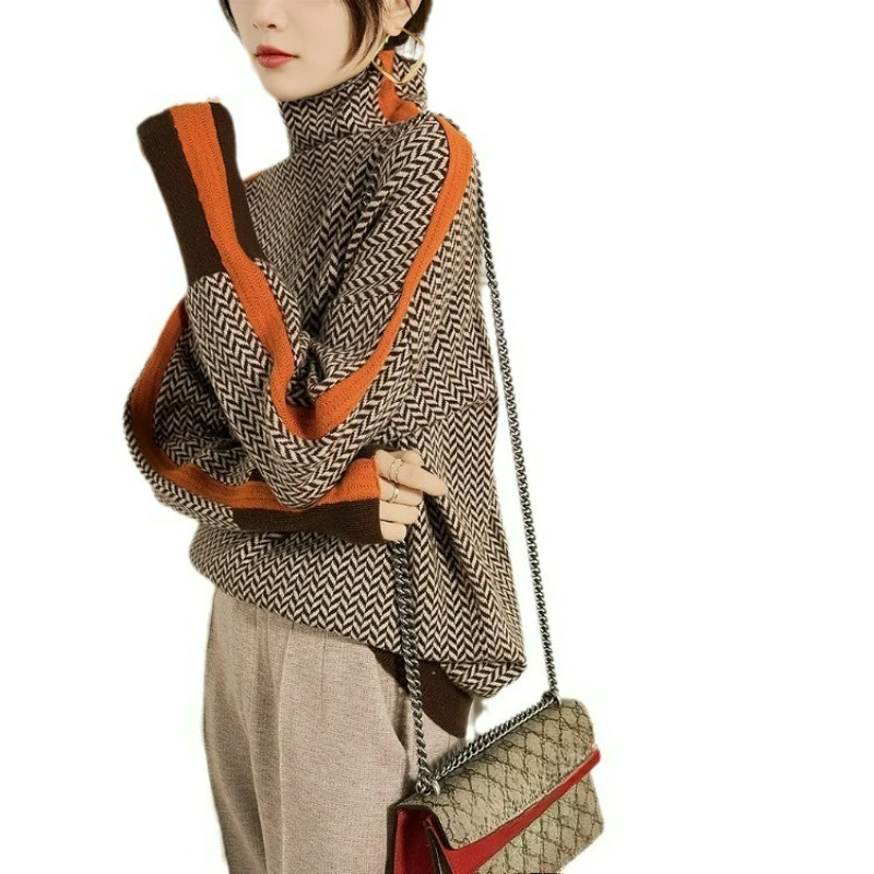 2026 الخريف الشتاء تصميم الشعور كسول فضفاض الأكمام المتناقضة كامل تقليد الصوف عالية الرقبة محبوك سترة المرأة