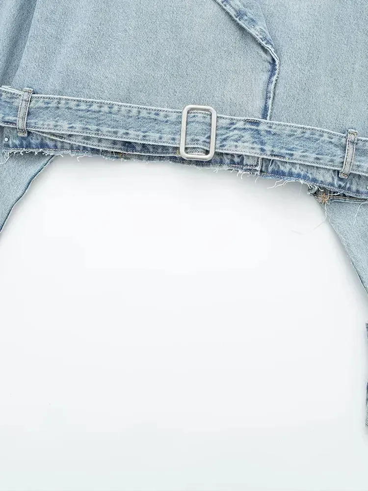 Spring Lapel Notched Collar Washing Blue Denim Jacket Vintage Women Hem Buckle Belt Draped Jean Coat Cool Outerwear 3 Color