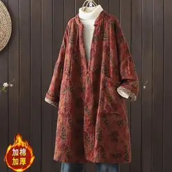 Winter Cotton And Linen Women's Clothing Artistic Retro Buckle Medium Long Print New Chinese Ethnic Style Quilted Coat A319