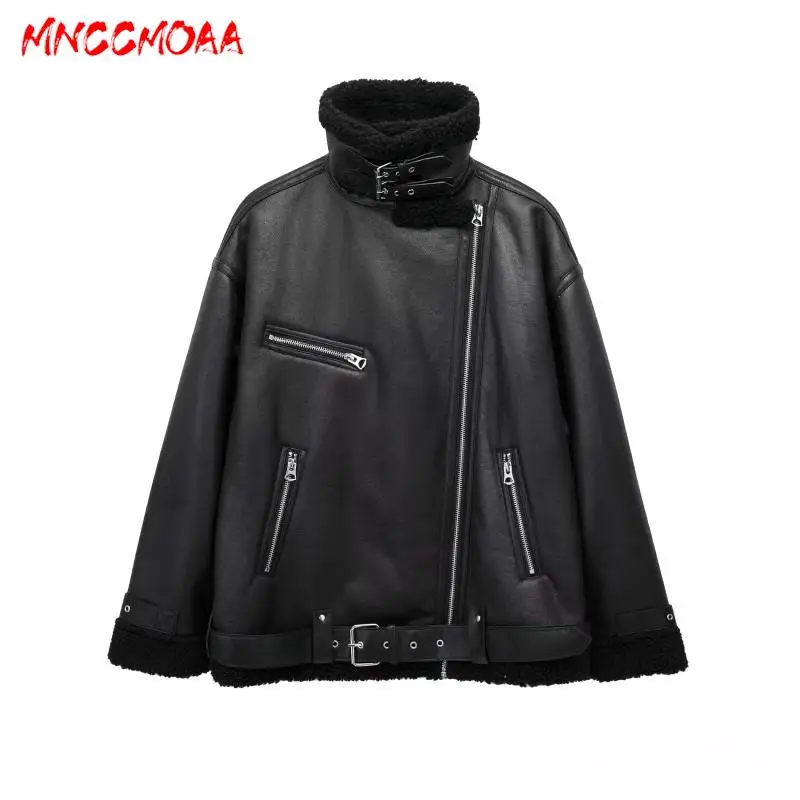 MNCCMOAA-Women\'s Faux Leather Jacket, Female Coat, Casual Pockets, Biker Outwear, Loose, Thick, Warm, High Quality, Winter, 2024