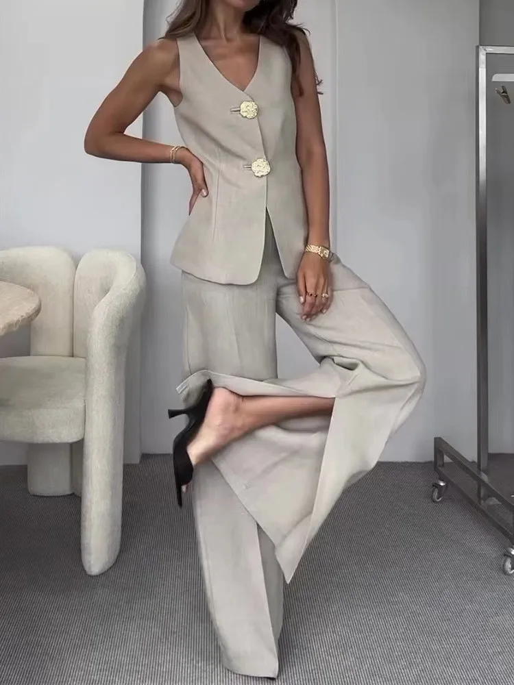 الصيف موضة قطعتين مجموعات المرأة أنيقة تانك الصلبة الخامس الرقبة سترة دون أكمام عالية الخصر بنطال ذو قصة أرجل واسعة الدعاوى ملابس حريمي