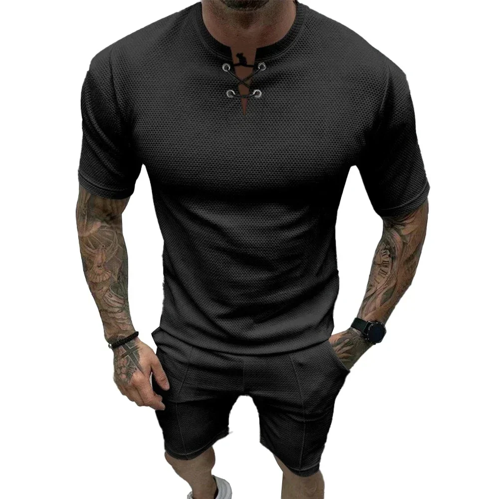 Men Tracksuit Solid Color T Shirt Shorts Set 2Pcs Casual Waffle Short Sleeve Top