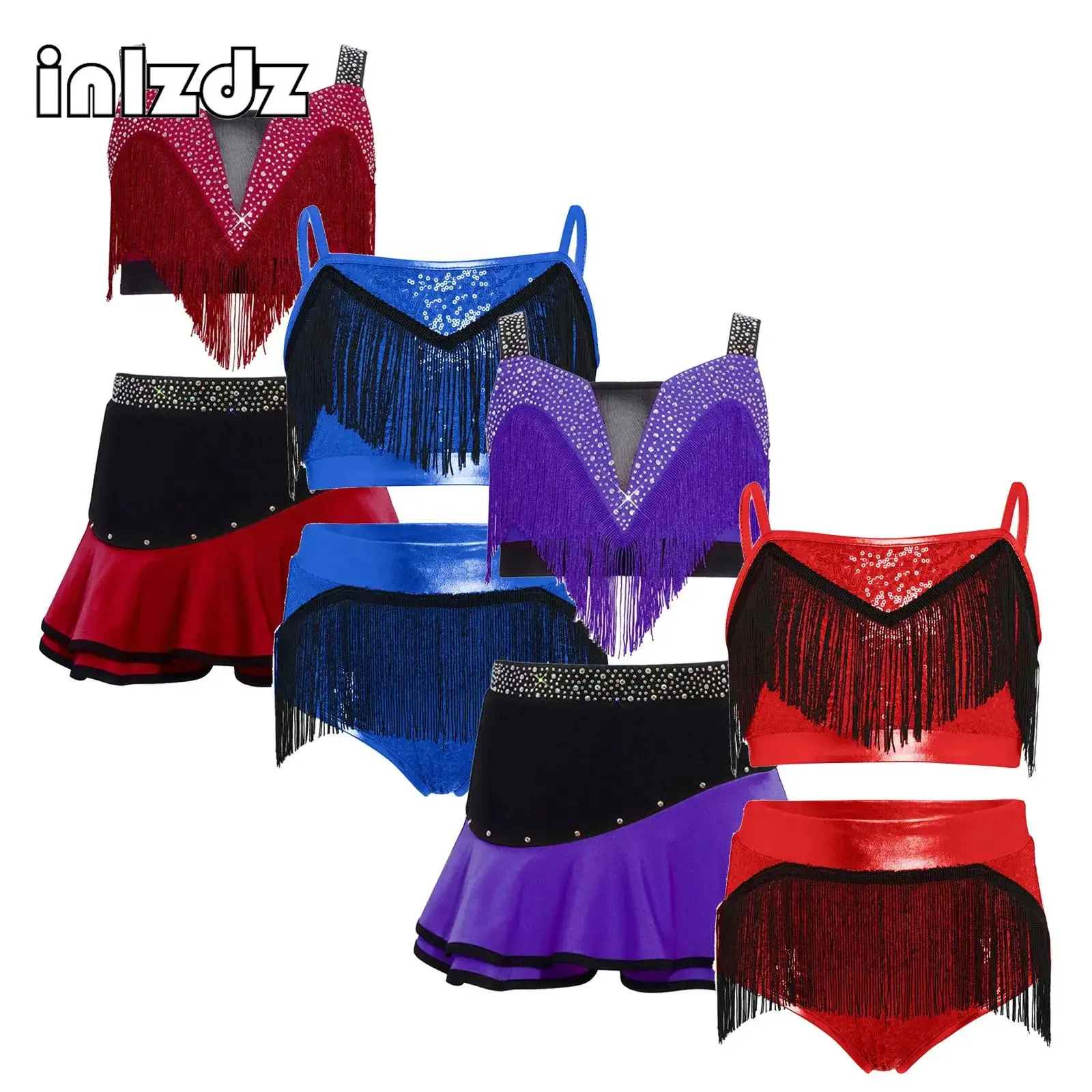 

Latin Dance Dresses For Kids Girls Ballroom Fringe Tassel Dress Top And Skirt Rhinestones Fringe Salsa Samba Costume Children