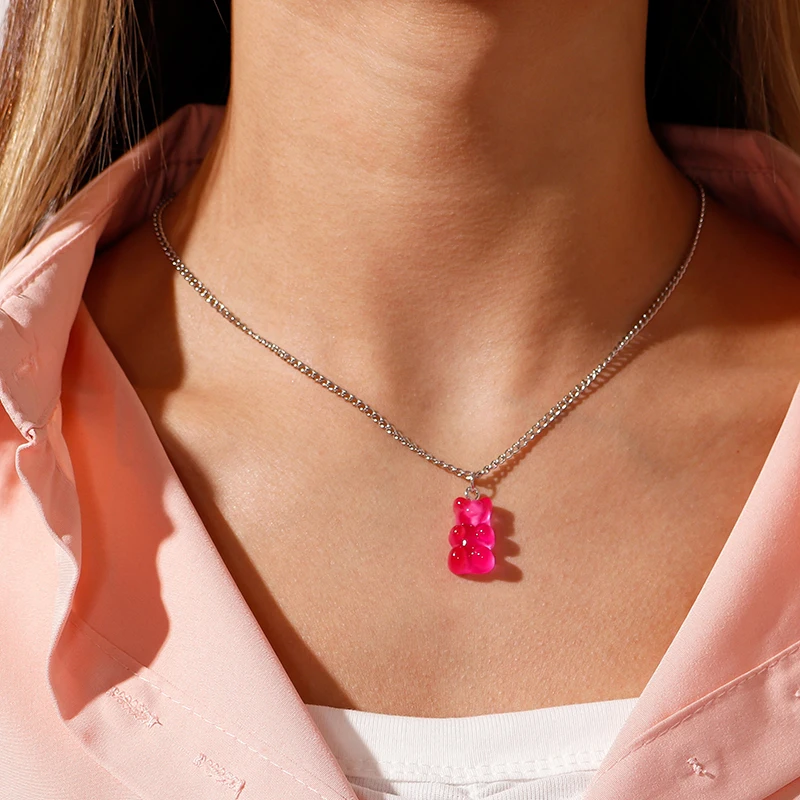 Fashion Candy Colors Gummy Bear Necklace for Women Girls Party Festival Jewelry Gifts