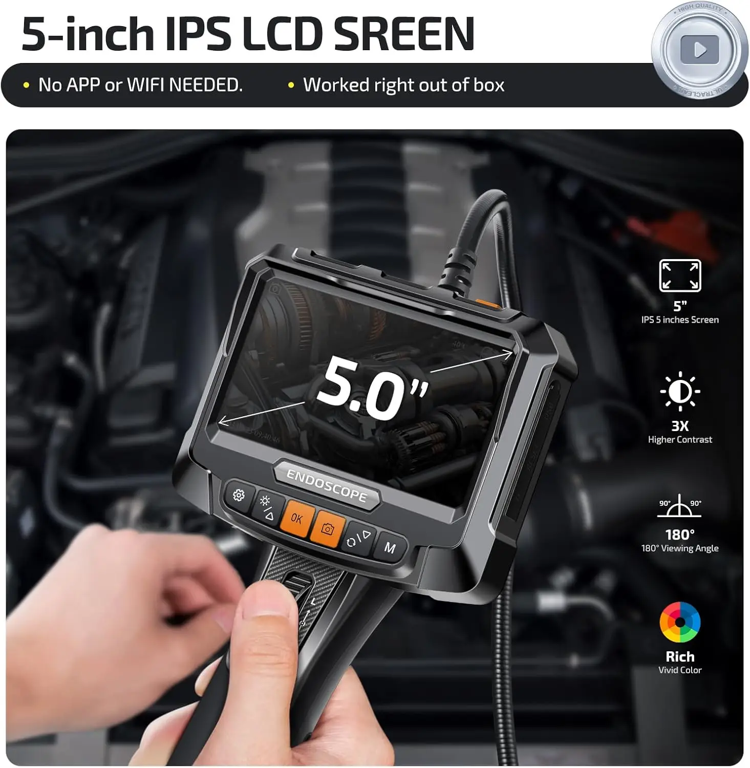 توضيح Borescope مع الضوء، Elecshion 5 بوصة IPS شاشة كاميرا المنظار ثنائية الاتجاه مع كاميرا ثعبان 3.9 مم #3