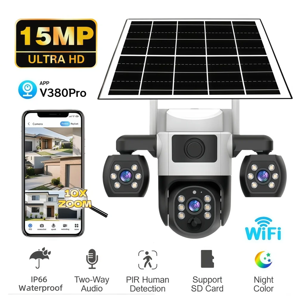 WIFI Security Camera 15MP Solar-Powered Monitor 10x Zoom PIR Motion Detection Night Vision Outdoor Home Security Network CCTV