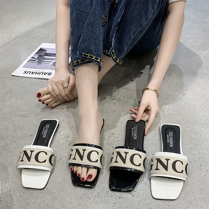 2022new Arrive Design Summer Women Slides Fashion Letters Flat Heels Woman House Casual Slippers Trendy  Plus Size 35-42