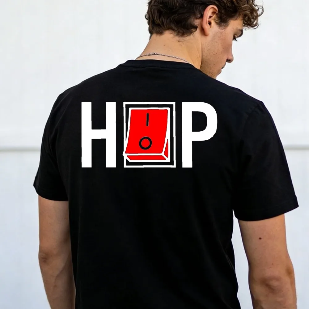 HOP Power Switch Symbol Graphic Shirt Men Back Print Minimalist Industrial Circuit Design Cotton Short Sleeve Unisex Casual Tee