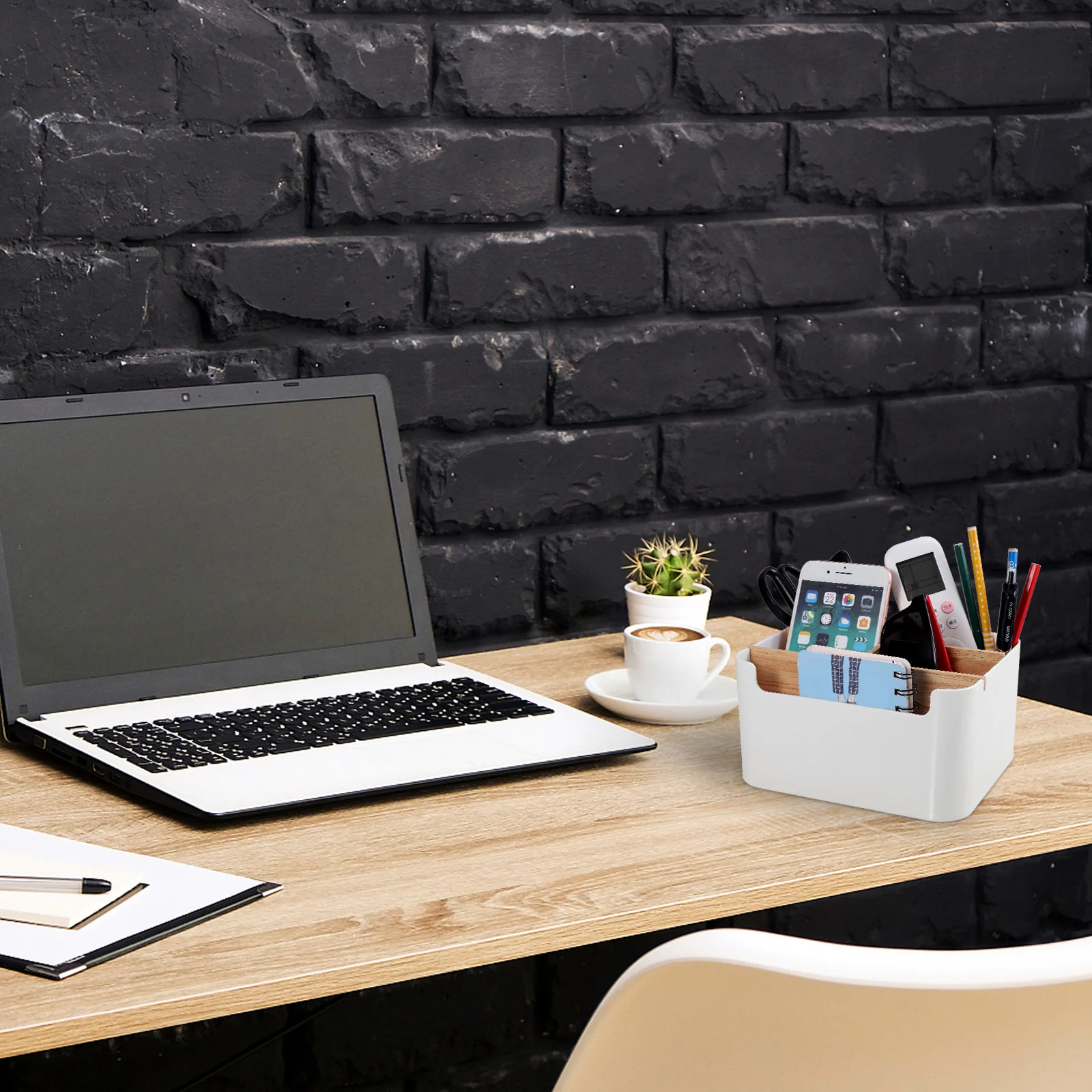 Caixa de mesa com 5 compartimentos, material plástico e madeira, armazenamento de mesa leve para escritório doméstico, suporte de papelaria, organizador de mesa