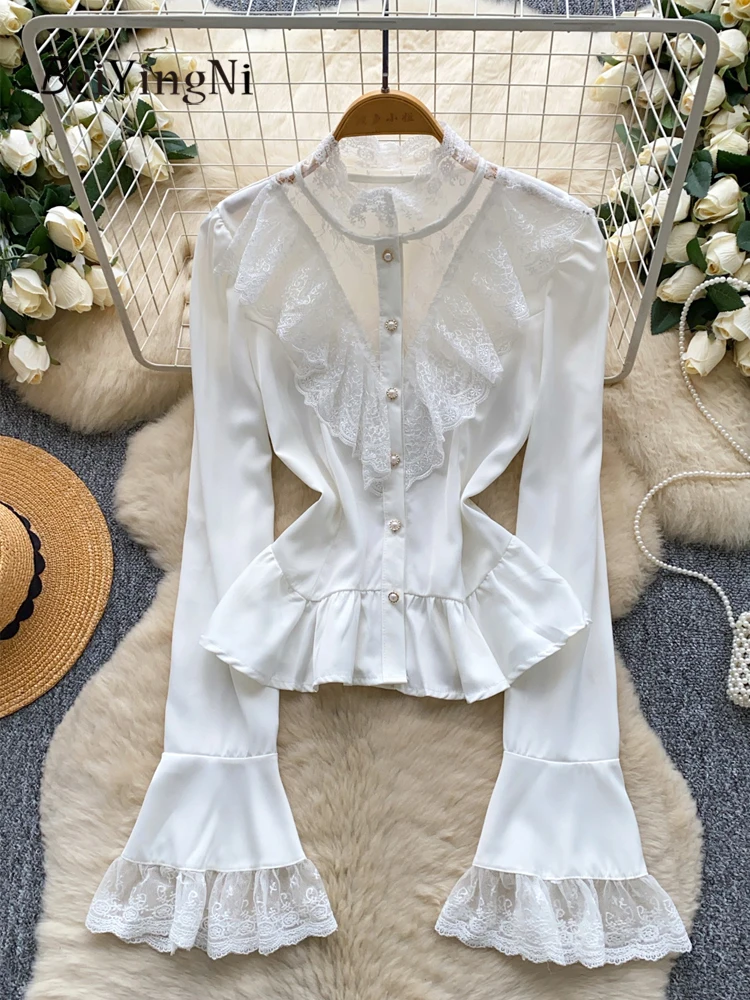 

Beiyingni French Shirts for Women 2025 Autumn Winter High-end Luxury Lace Splice Satin Blusas Female OL Plain All-match Tops