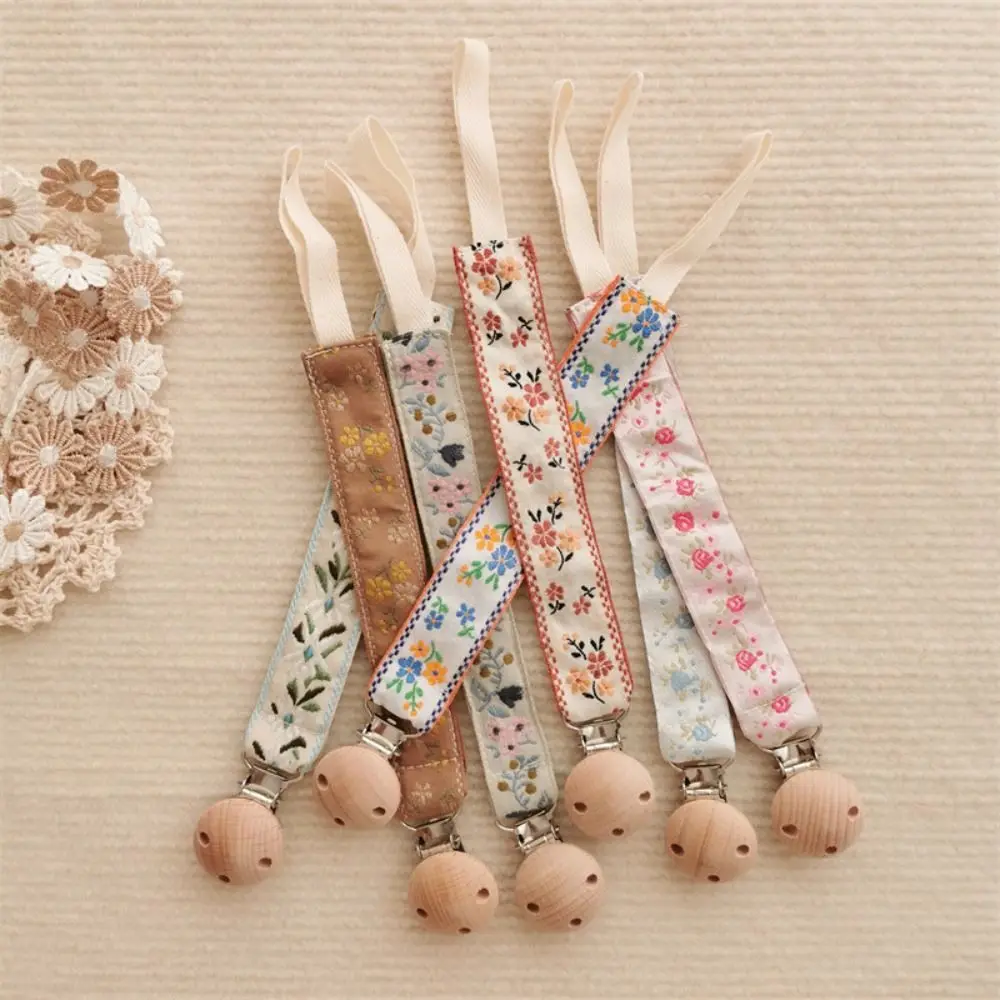 

Ethnic Style Baby Cloth Pacifier Chain Embroidery Floral Wood Soother Holder Teether Toys Straps Dummy Clips Nipple Holder Clips