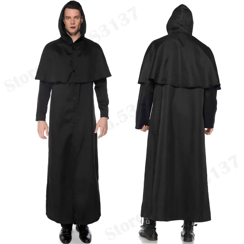 Black Robe Wizard Clothing Men Priest Vampire for Cosplay Halloween Adult Medieval Monk Role Play Costume Grim Reaper Outerwear