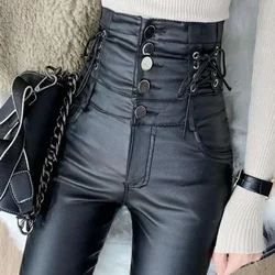 Pantaloni da donna in ecopelle a vita alta Leggings in PU monopetto più leggings skinny in velluto opaco Pantaloni a matita sexy neri C275
