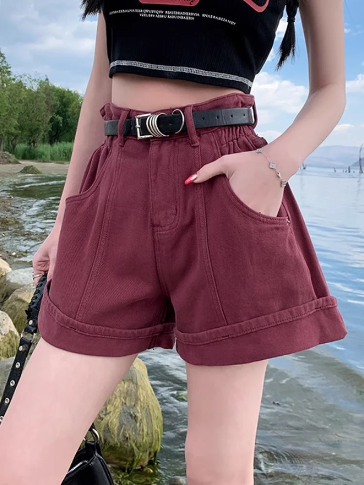 Women's Wine Red Denim Shorts High Waist Wide Shorts Harajuku Streetwear Korean Style Y2k Casual Blue A Line Jean Shorts Summer