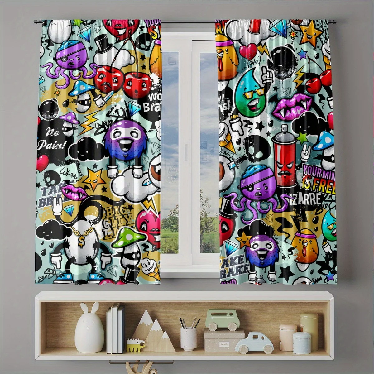 Colorful Graffiti Cartoon Blackout Curtains - Urban Street Art Astronaut Alien Pattern Window Drapes for Kids Bedroom Game Room