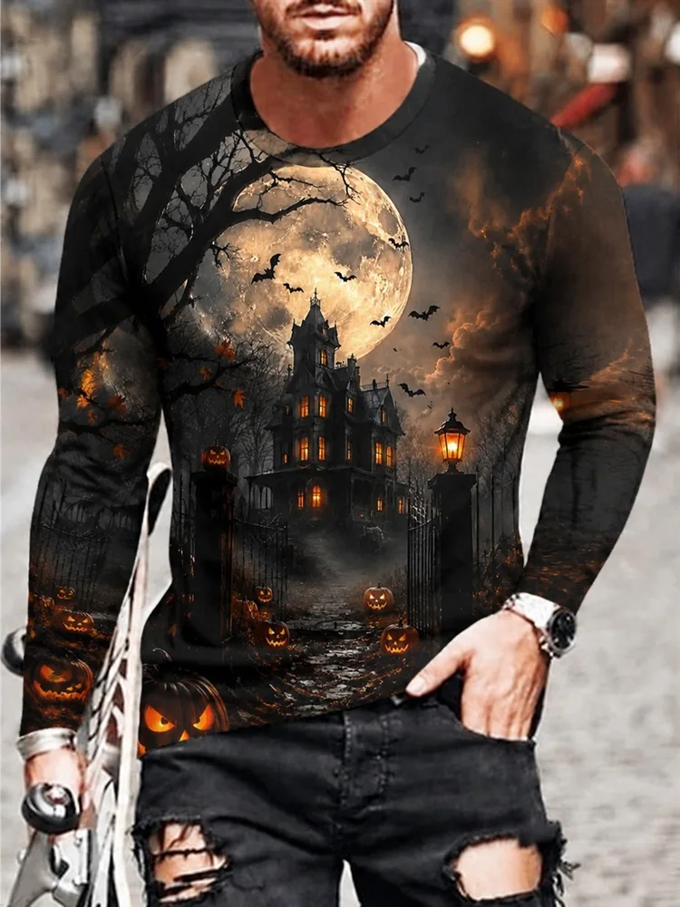 Men's Halloween Haunted House Long Sleeve T-Shirt Full Moon Bat Pumpkin Spooky Graphic Tee Pullover Tops Gift New Hot