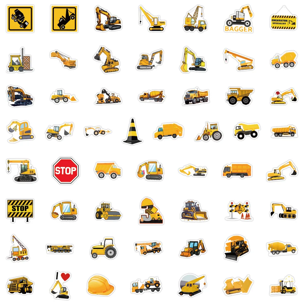 55PCS Construction Vehicle Stickers Excavator Bulldozer Cartoon Style Decorative Phone Case Laptop Waterproof Sticker Kids Toy