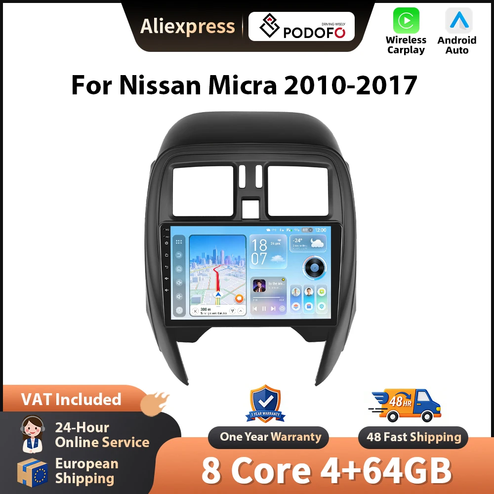 Podofo pour Nissan Micra 2010-2017, CarPlay sans fil pour Apple Android Auto, autoradio, navigation GPS, FM, WiFi, BT, stéréo, RDS, EQ
