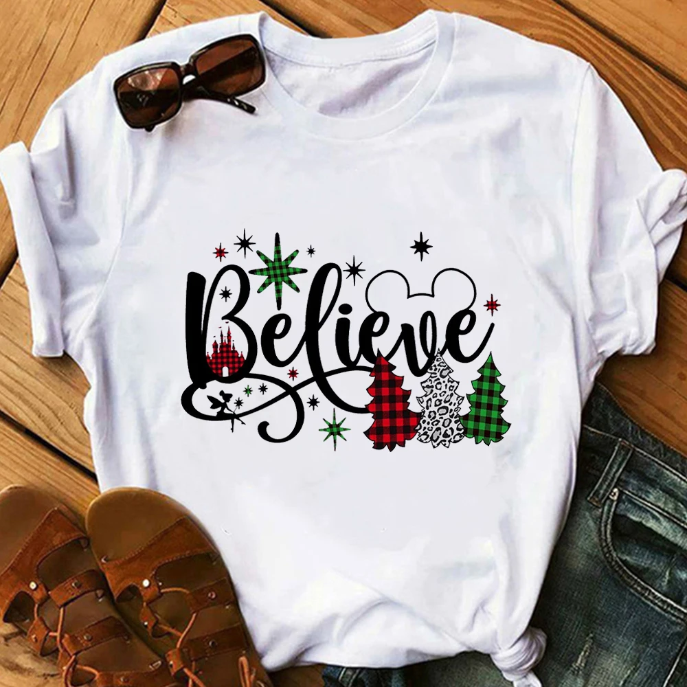 New Christmas Mickey Women T Shirt Disney Happy Year Ropa Aesthetic Mujer Short Sleeve Home Casual Blouses Xmas Female Tees