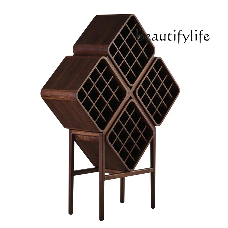 O New Chinese Black Walnut Wine Rack New High-end Rhombus Shelf Home Living Room Solid Wood Display