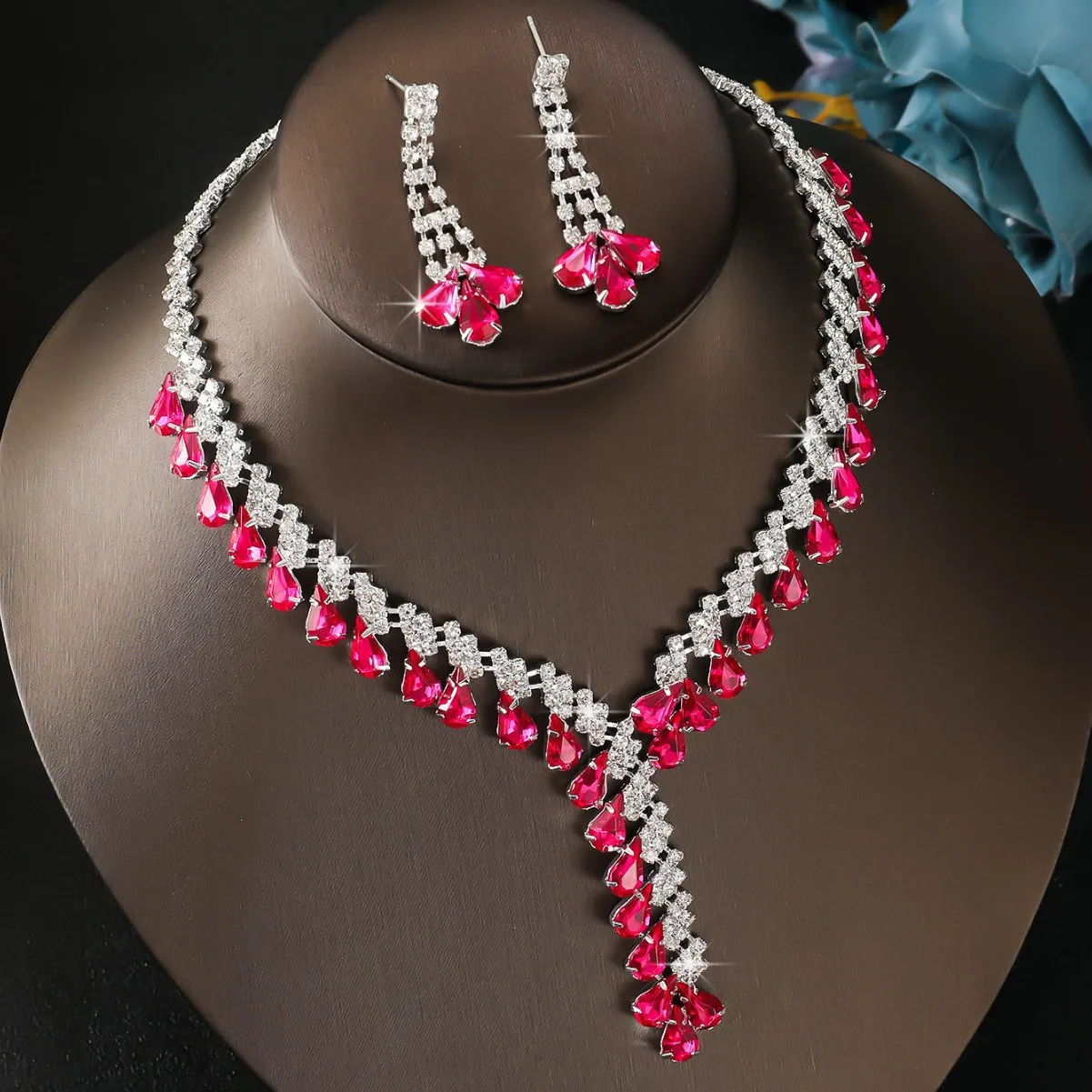 Premium Rose Pink Rhinestone Necklace Earrings Set Women's, Necklace Earrings Two-piece Set, All Copper