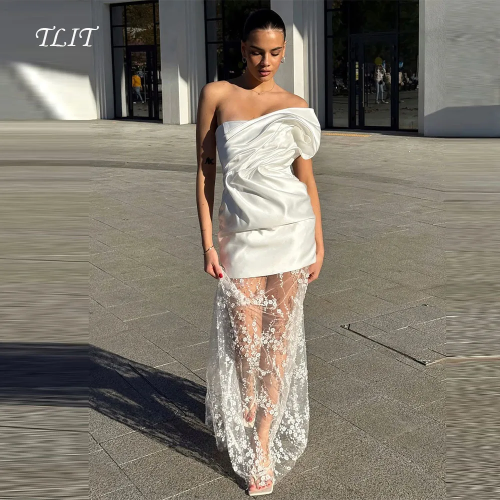 

TLIT Elegant Ivory Silk Satin Short Evening Dress Strapless Draped Prom Gowns Lace Hem Flowers Customized vestidos de fiesta