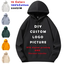 330GSM 100% Cotton Hoodies Men Women DIY Customize Logo Your OWN Design Logo/Picture/Text Customzation Unisex Hooded Sweatshirt