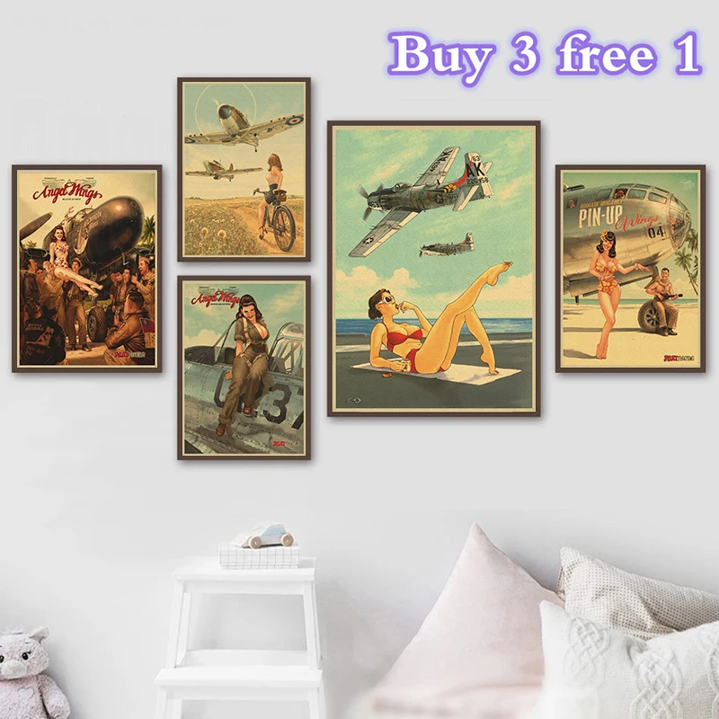 Винтажный постер из крафт-бумаги для девочек, американский, французский, темно-синий, самолет, настенная живопись, паб, бар, домашний декор