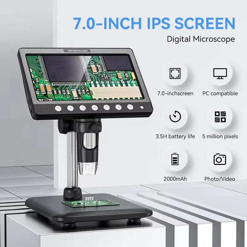 SIHAO 1080P Video Digital Microscope 7.0Inch IPS Display 50-1200X 8 LED Lights Ultra-Precise Focusing for Coin and Circuit