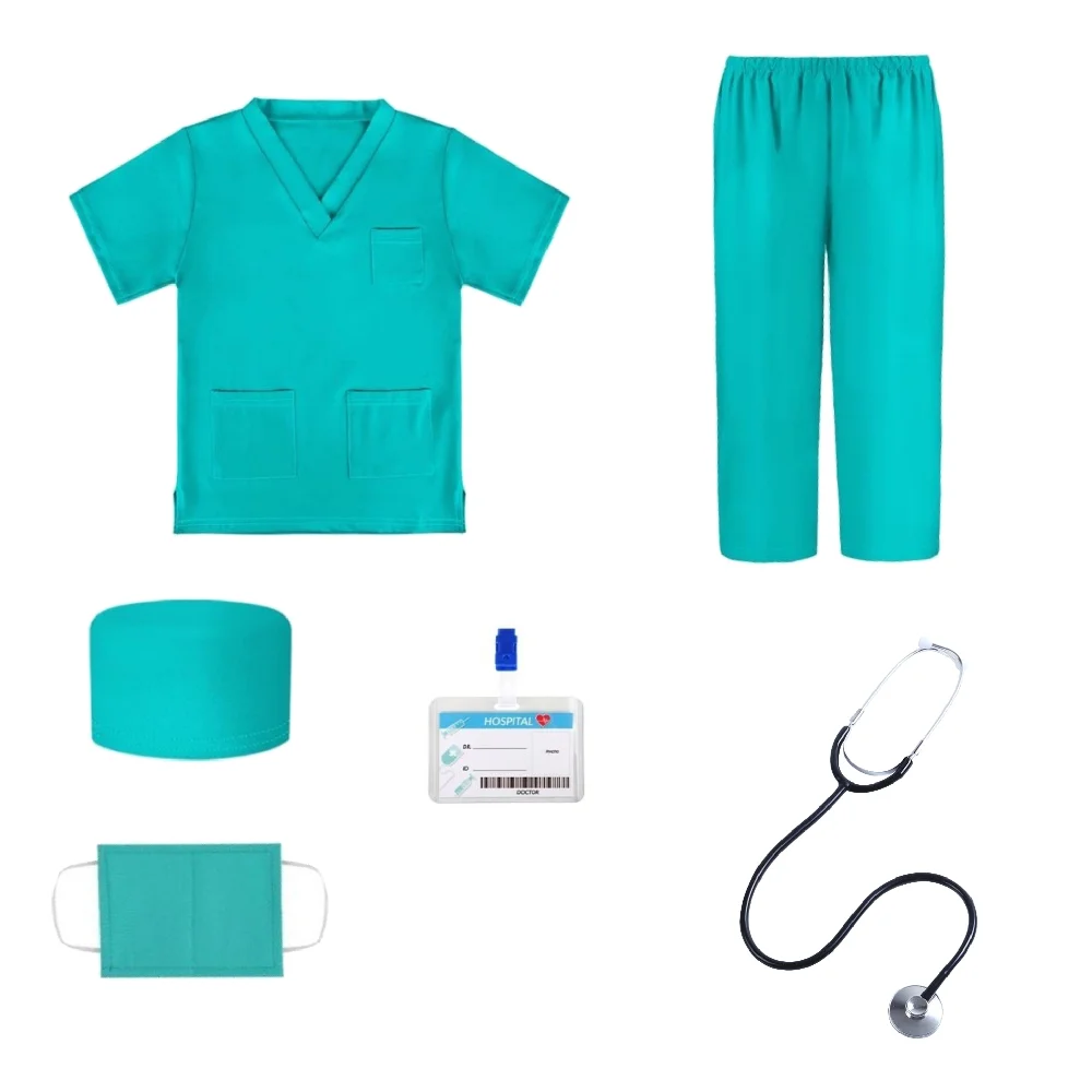 6PCS Children's Doctor Nurse Cosplay Costume Set Shirt Pants Medical Accessories with Real Stethoscope for Halloween Role Play