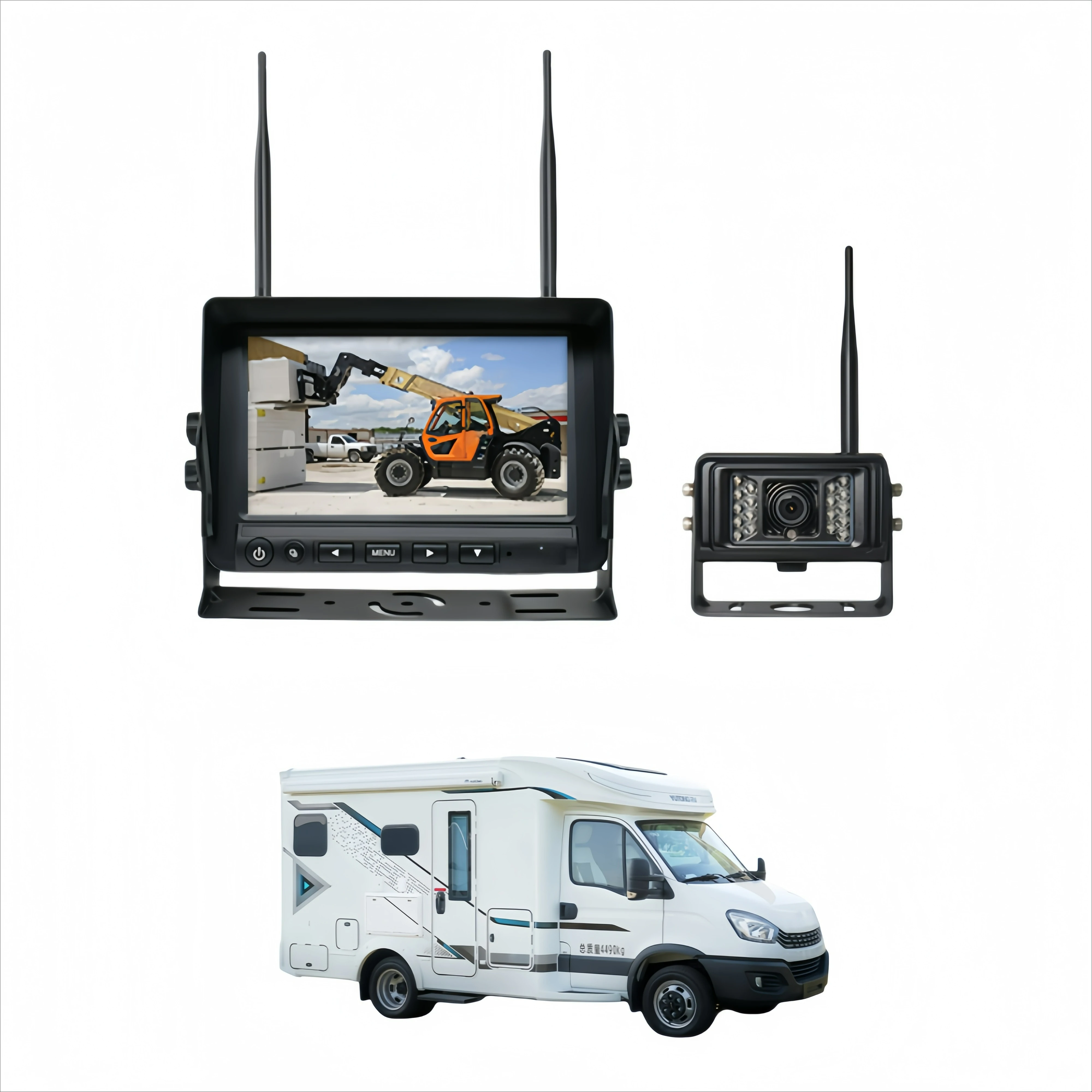 

Digital Wireless Rearview Camera Kit for Motorhome IP69K Waterproof Rear View Camera and 7-inch Quad Screen with DVR