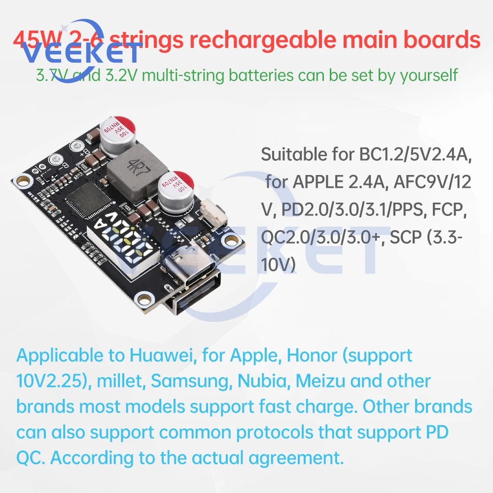 45W Power Bank Fast Charging Mobile Power Module PD QC Quick Charger DIY Circuit Board Type-C USB 2-6S Lithium Battery