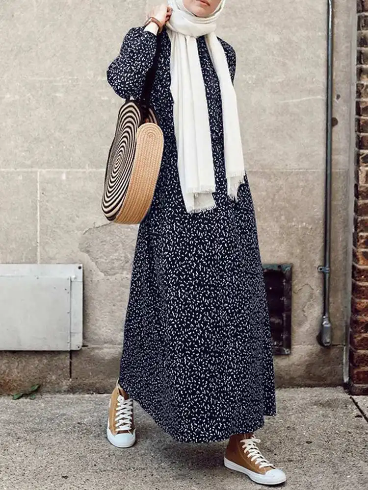 2024 ZANZEA Muslim Hijab Dresses Vintage Polka Dot Printed Long Sundress Women O Neck Long Sleeve Maxi Vestidos Oversize Robe