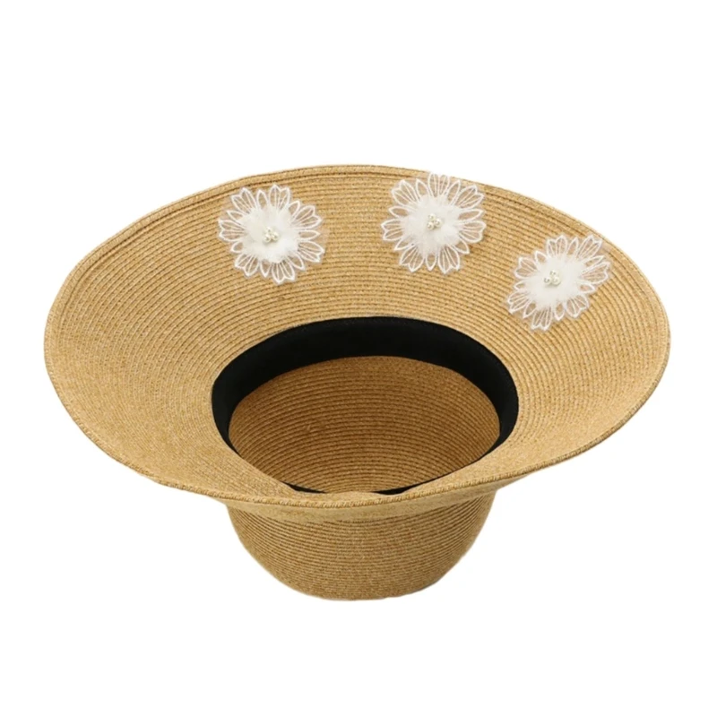Eleganter Strohhut mit breiter Krempe und Spitzenbesatz für Damen und Mädchen, Sommer, Strandurlaub