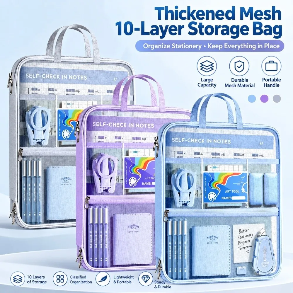 Portable A4 Document Bag Mesh Transparent Handheld Folder Zipper Multi-layer Paper File Pouch Paper Storage Bag
