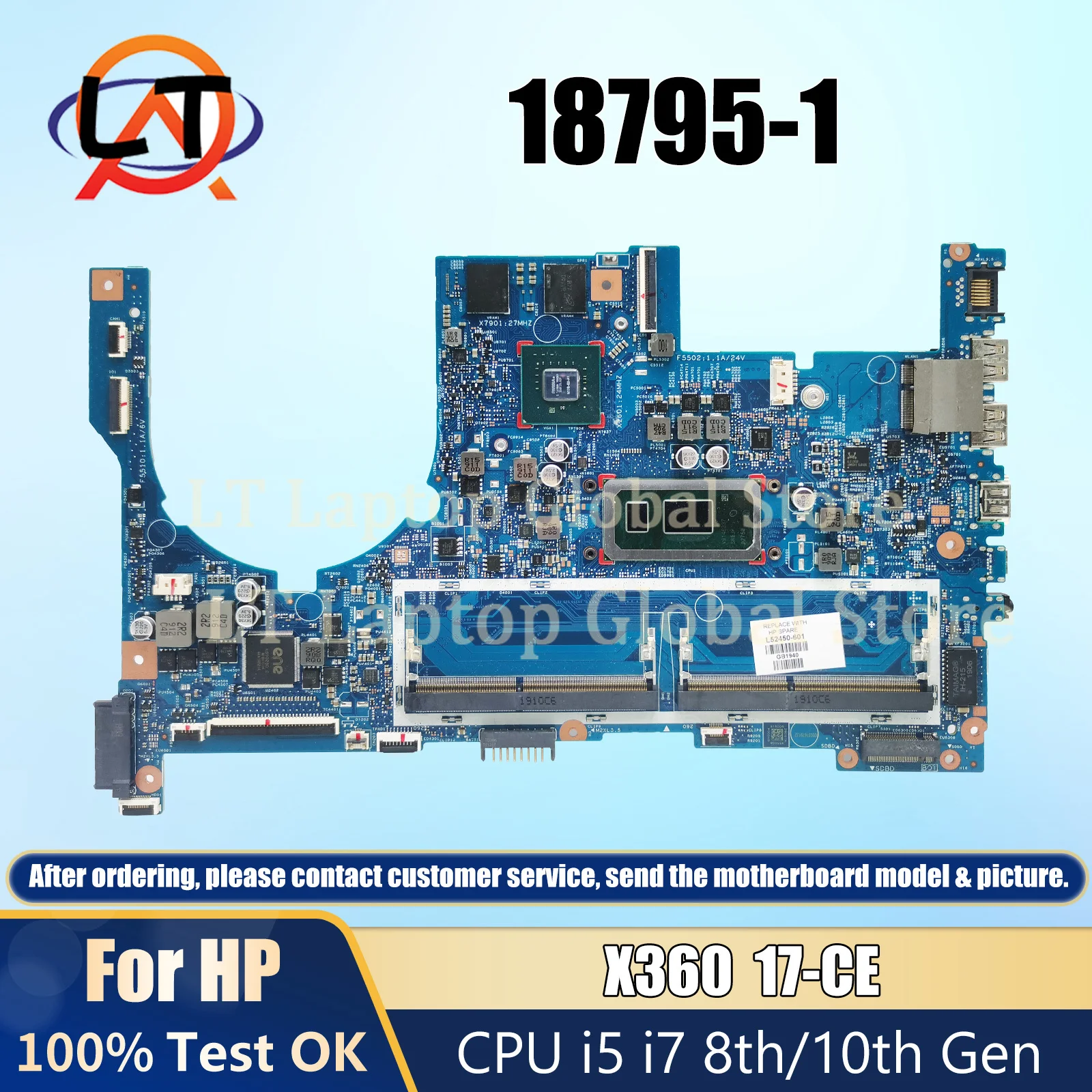 

18795-1 Laptop Motherboard For HP 17-CE X360 448.0G811.0011 L52450-601 Notebook Mainboard i5 i7 8th/10th MX250 Full Tested