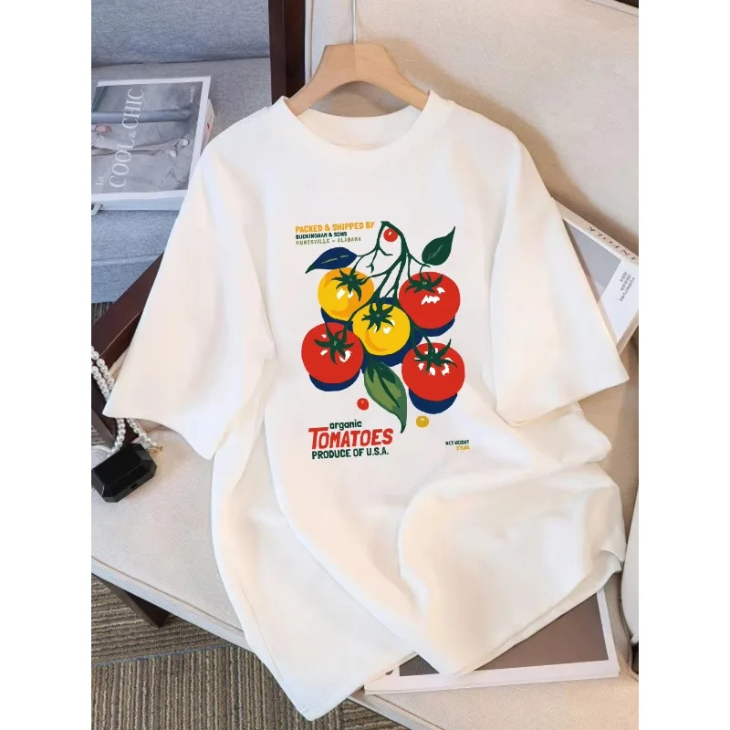 

motorcycle 2025 Summer Cotton T-Shirt Women's Organic Tomato American Print Short Sleeve Comfortable Loose Top Casual Wear