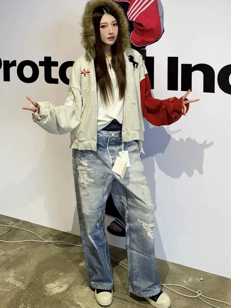 

Тяжелый указатель протокола в стиле пэчворк, цветная блузка, винтажный толстовка с меховым воротником и капюшоном на молнии, свободная верхняя одежда для мужчин и женщин