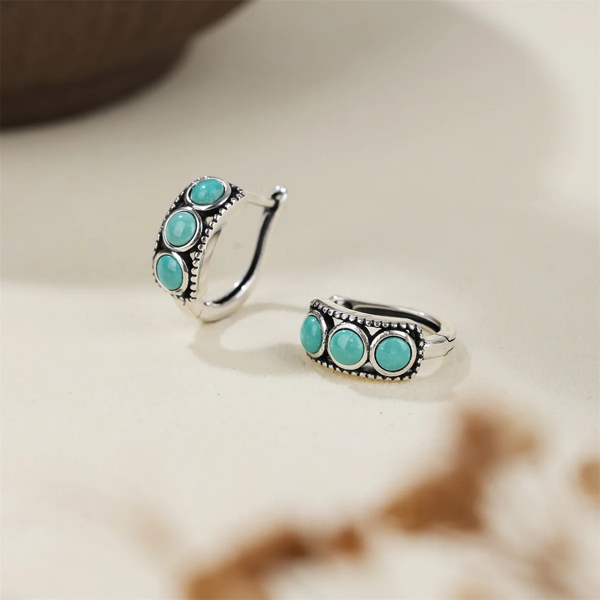 

Vintage Non Tarnish Womens 925 Silver Earring Natural Raw Mineral Turquoise Hoop Earrings