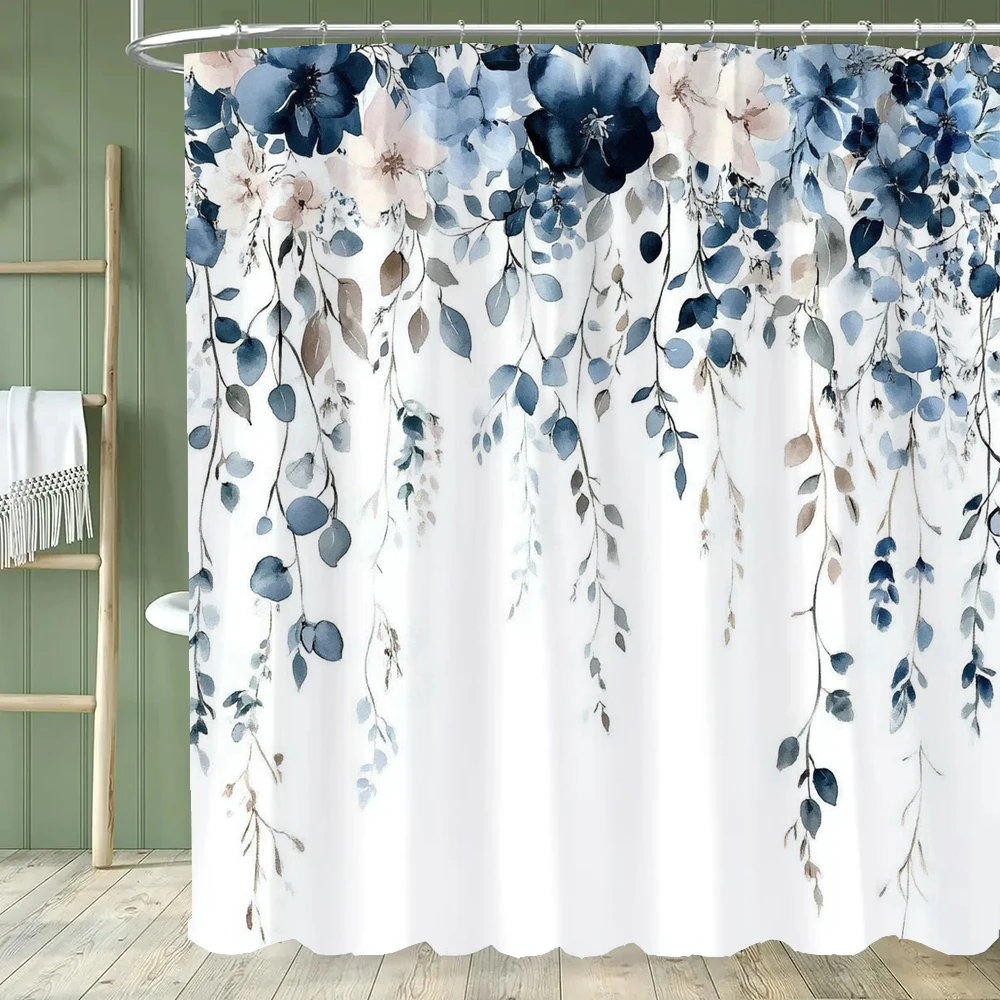 Vintage Botanical Print Floral Shower Curtain, Bathroom Decorative Flowers Shower Curtain, Waterproof Shower Curtain with Hooks