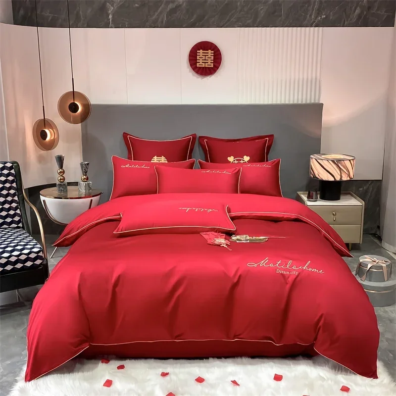 150/180/200CM Brushed Jacquard Red Polyester Bed Sheet Duvet Cover Pillowcase Four-piece Wedding Bedding Set M069-1