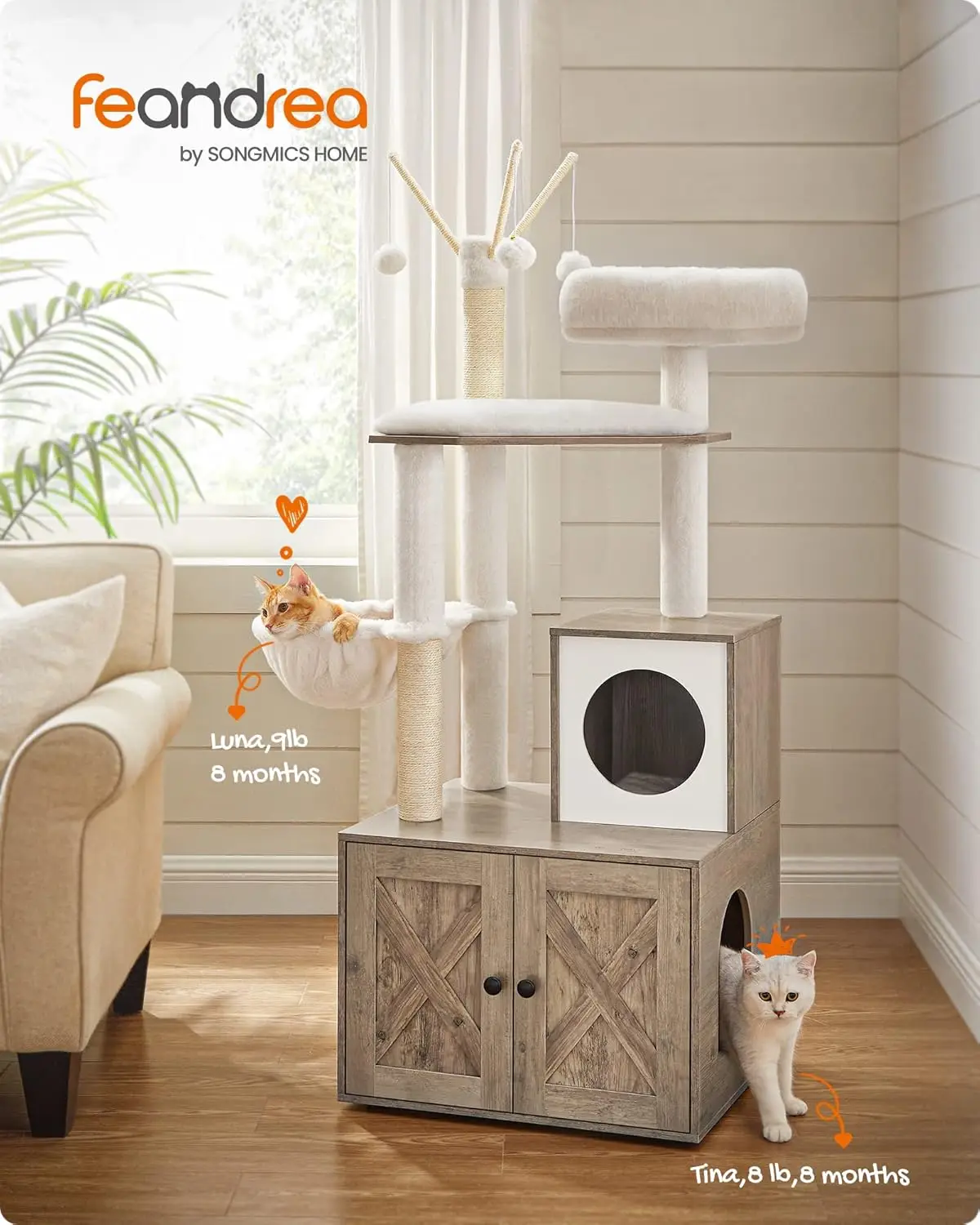 Cat Tree with Litter Box Enclosure, 2-in-1 Modern Cat Tower, 55.1-Inch Condo with Scratching Posts, cat toy