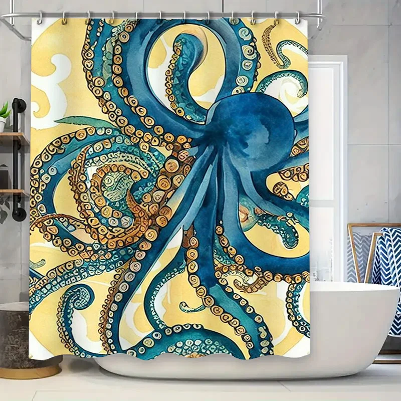 

Vibrant Octopus Bath Curtain Yellow Blue Floral Shower Drapes for Home Decor (180 x 240cm)