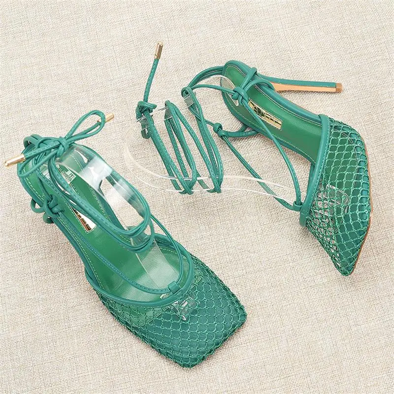 Mesh Knot Sexy Green Oversized Ultra-High Slender Heel Cross Thin Strap Strap Wrapped Sandals For Women