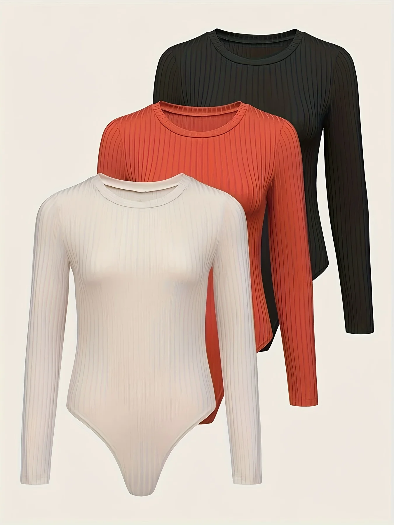 

Solid Color Jumpsuit 3-Pack, Casual Round Neck Long Sleeve Jumpsuit, Women's Clothing