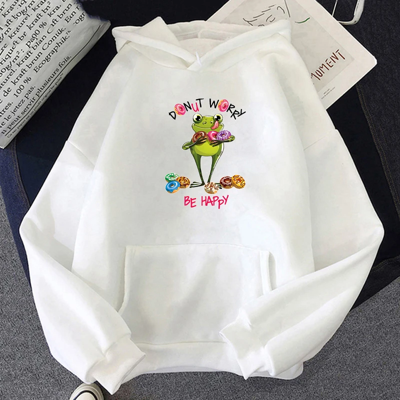 

Donut Worry Be Happy Kawaii Cartoon Frog Print Men Hoodies Harajuku Male Spring Long Sleeve Tops Streetwear