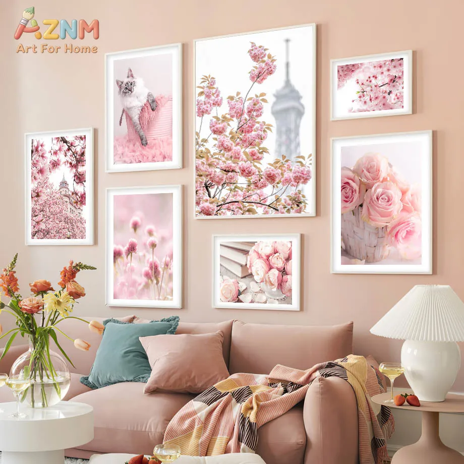 AZNM Pink Cherry Blossom & Rose Canvas Wall Art, Paris Eiffel Tower and Cute Cat Print, Frameless Soft Pastel Floral Photography