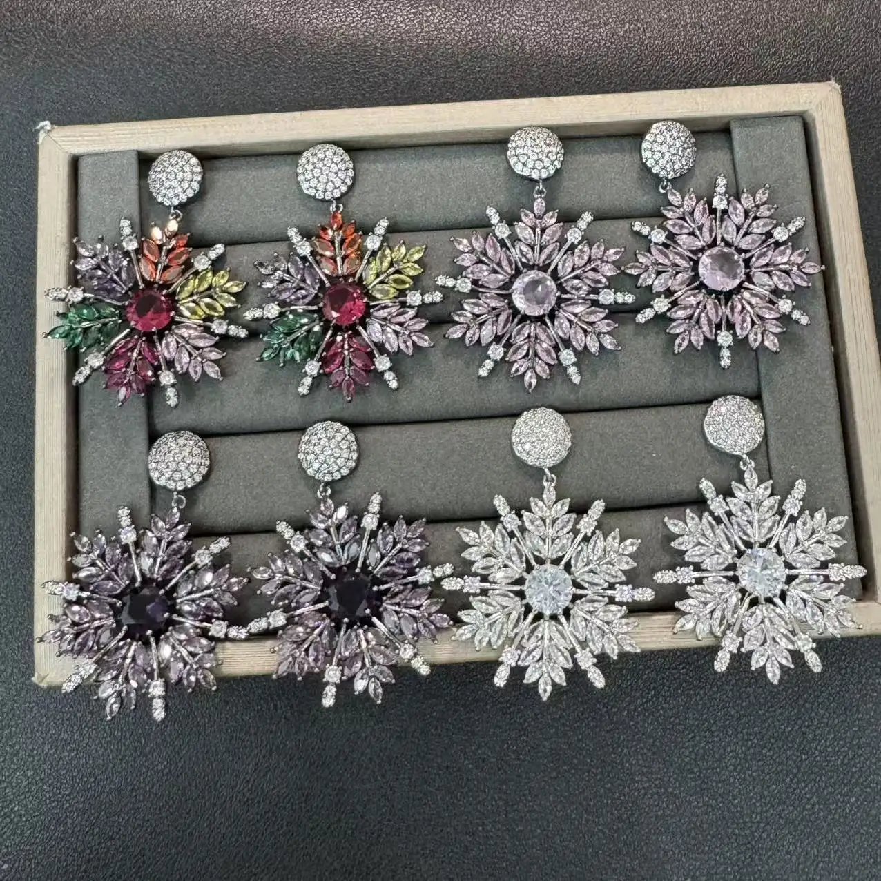 Silver Plated Micro Pave CZ Snowflake Drop Earrings Multi Color Crystal Dainty Winter Women Wedding Jewelry