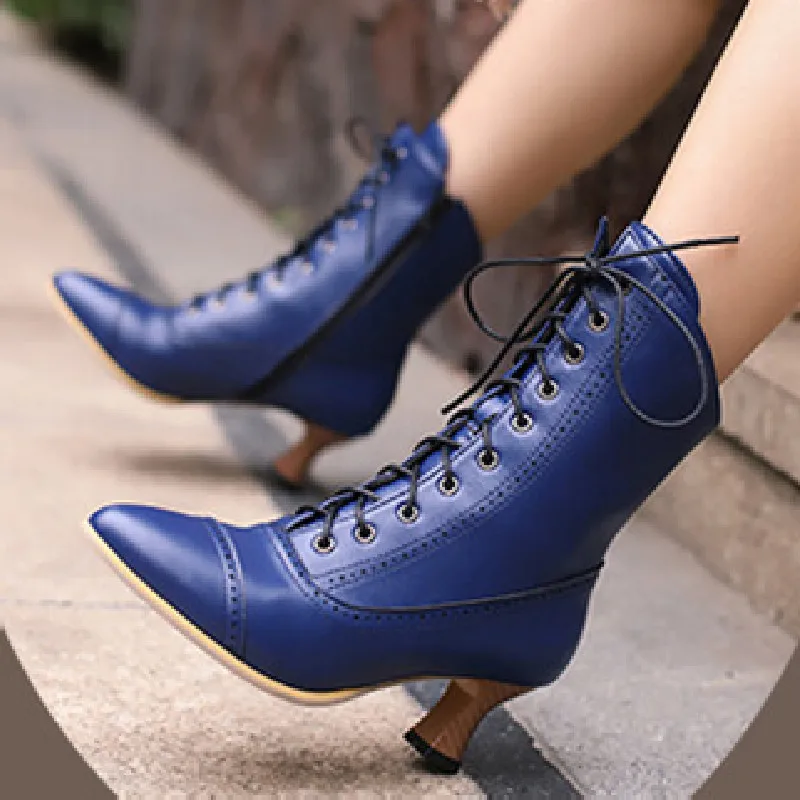 Retro Cross Lace Up Pointed Toe Ankle Boots for Women British Style Noble Knight Short Boots Ladies Chunky Low Heel Shoe Botines